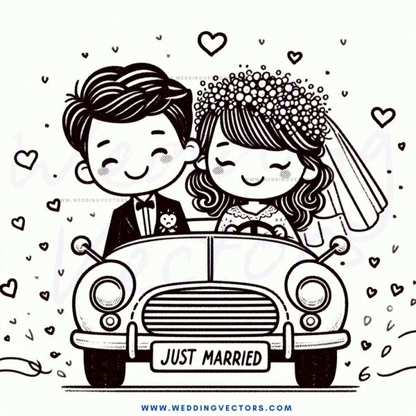 a just married caricature illustration in black and white