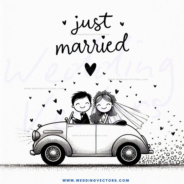 a caricature of newlyweds in a vintage convertible, with an overlay text of "just married"