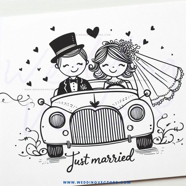 a car with bride and groom on it says "just married".