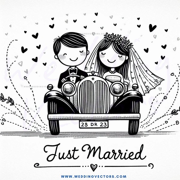 just married (black and white illustration)