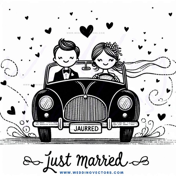 a black and white illustration of a couple in a vintage car.