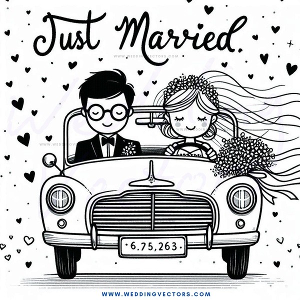 just married caricature in black and white style