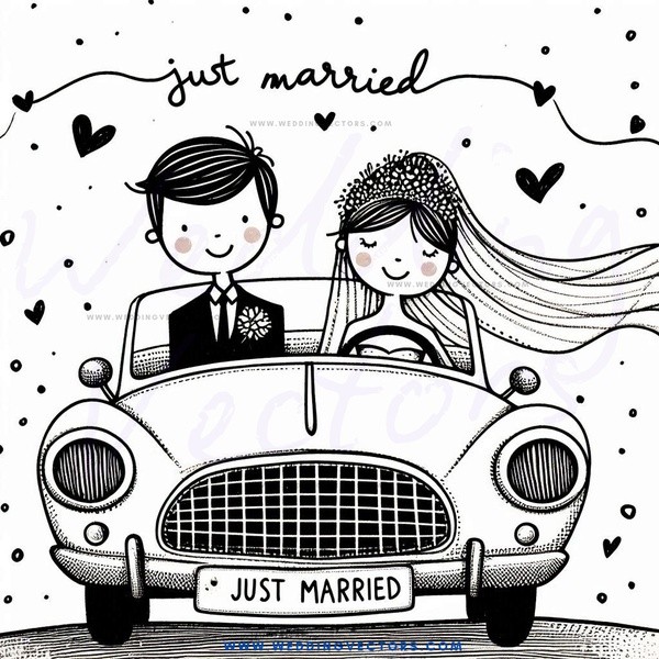 just married caricature picture in black and white