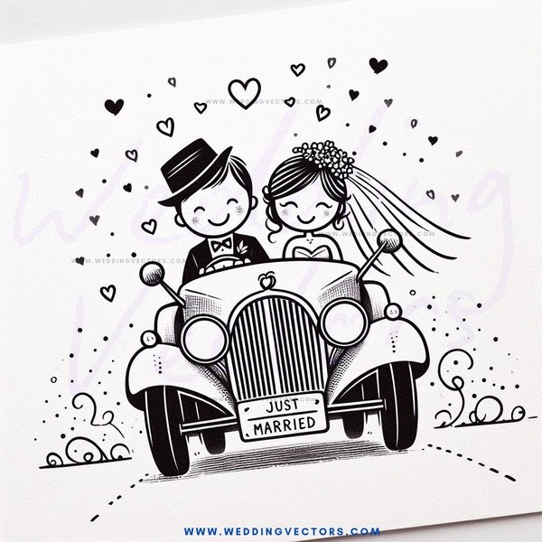 just married couple in car
