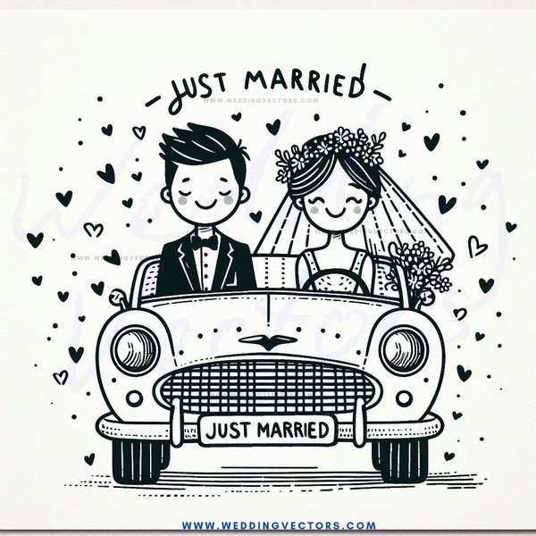 just married cars and people with flowers on hair.