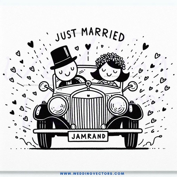 a couple in a car with a banner that says "just married"
