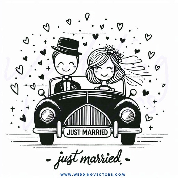 just married couple driving in black car with hearts on top