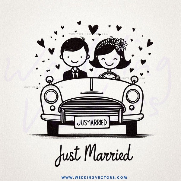a car with a bride and groom in it says just married.