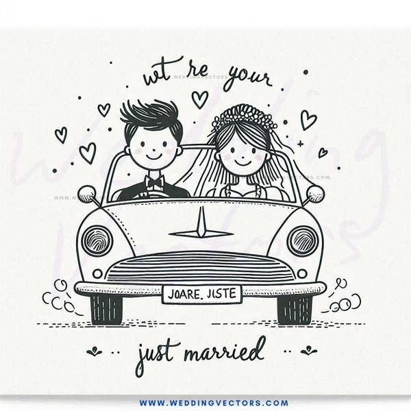 just married couple driving car together in cartoon style drawing