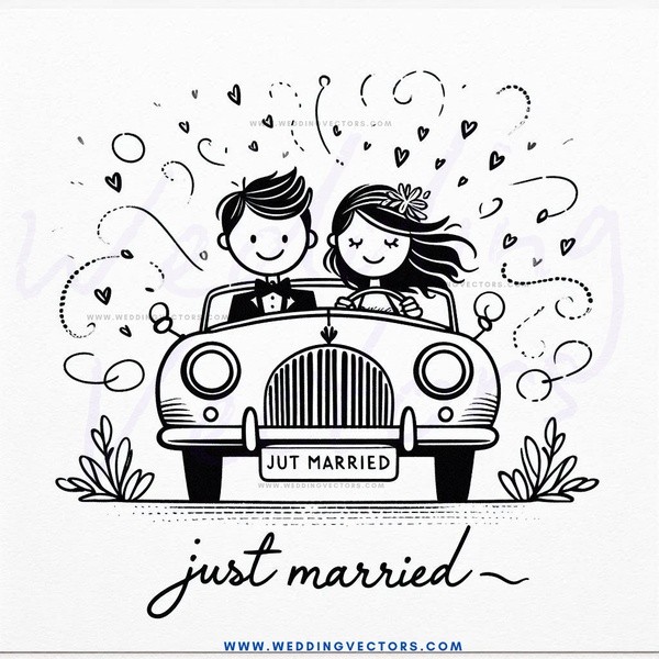 a couple in a vintage car with hearts flying around them