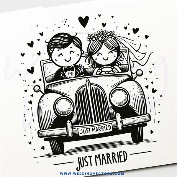 the newly married couple in their car