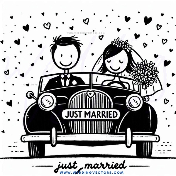 a black and white cartoon drawing of a man and woman getting married in their car.