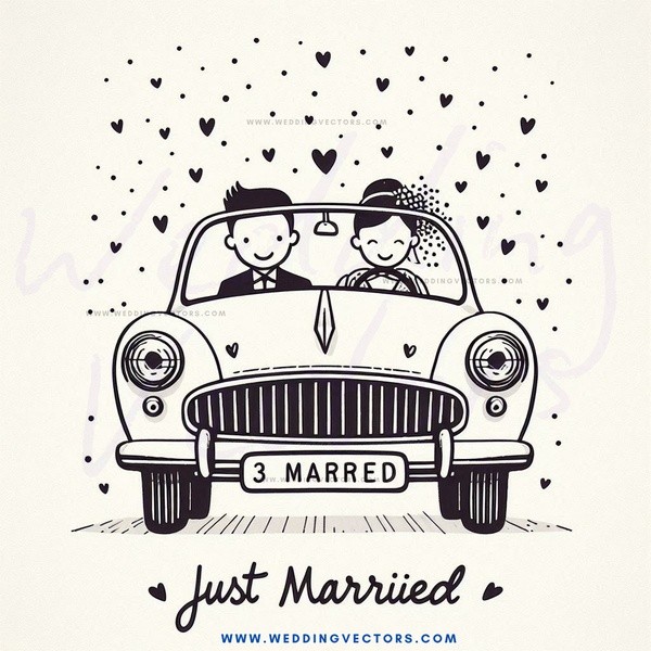 car with two people and "just married" written below it.