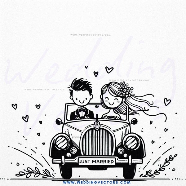 a carriage with "just married" written on it.