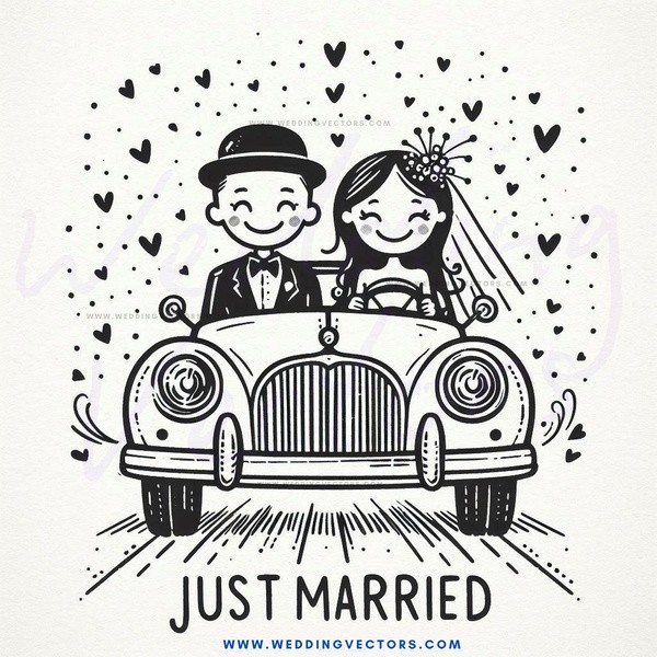 a couple in a vintage car with just married text below them.