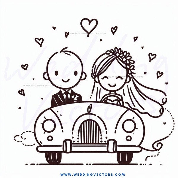 a car is being driven by a bride and groom.