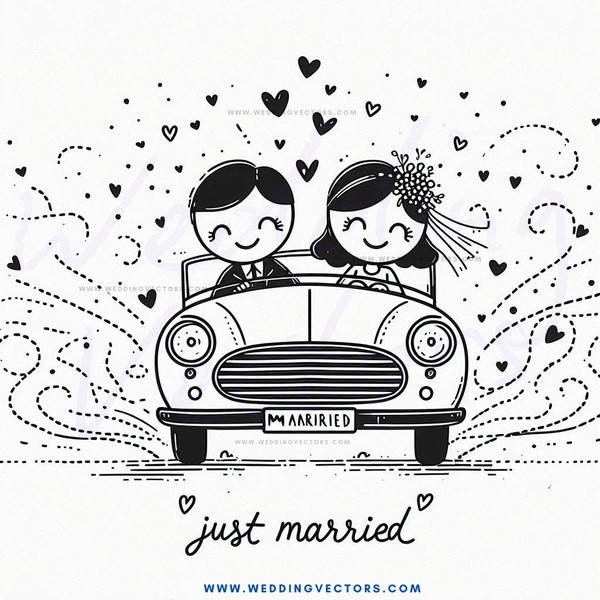 a couple driving down the road with hearts floating around them.