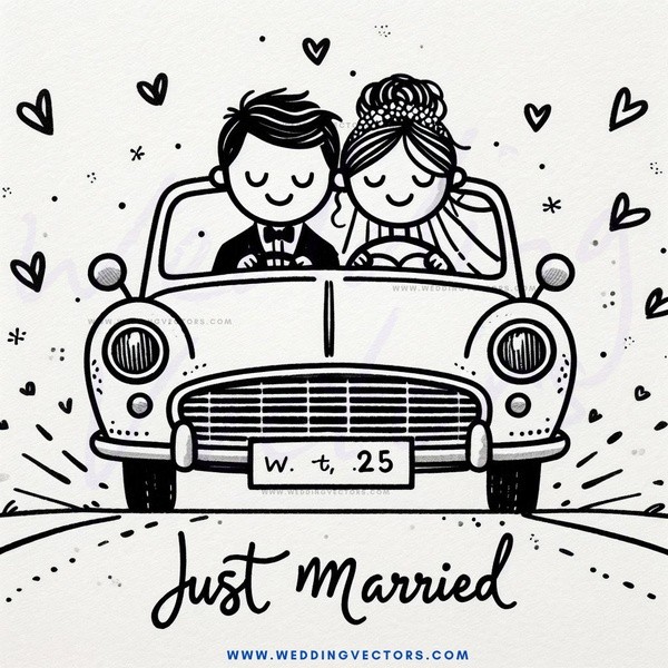 just married - cartoon clip art car drawing