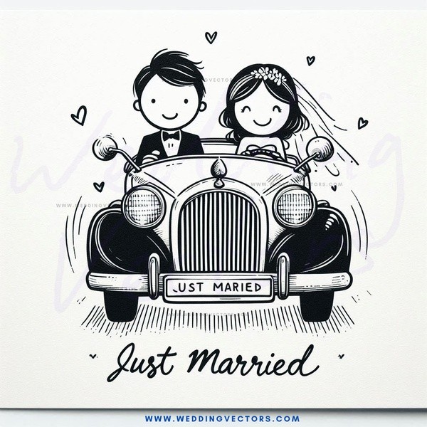 a black and white wedding carriage cartoon with bride and groom.