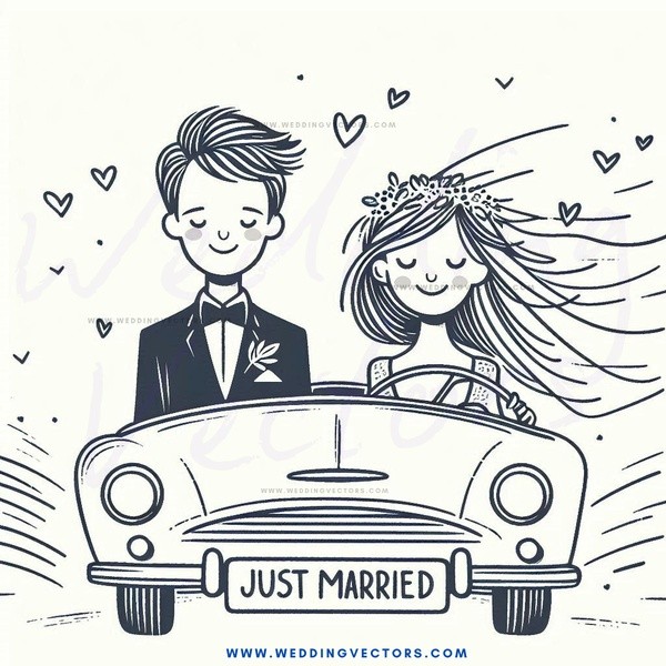 just married bride and groom in car