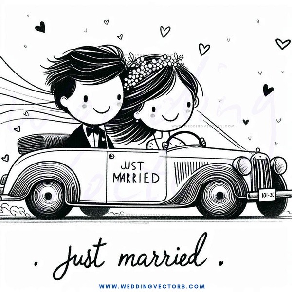 just married black and white cartoon drawing.