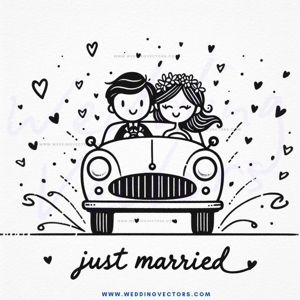 a car carrying newlyweds with hearts and confetti in the background.