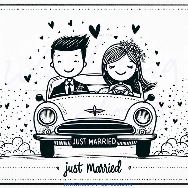 a black and white caricature of a bride & groom in their wedding car, with "just married" emblazoned below them.