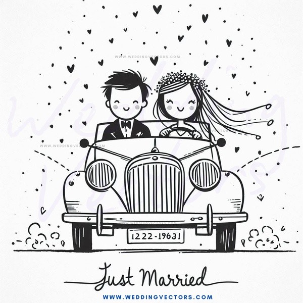 just married - a car with bride and groom on it.