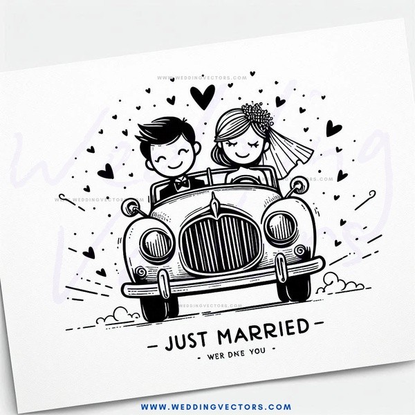married couple in a car and wedding picture.