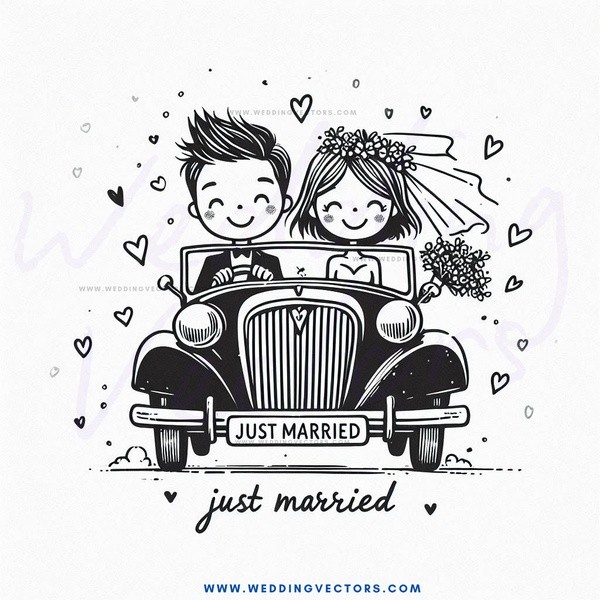 a couple in black and white car with "just married" written underneath.