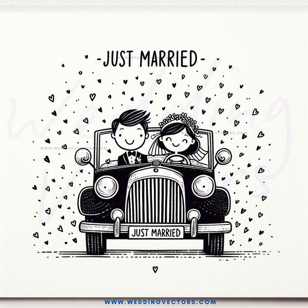 just married - caricature designs poster print for wedding decoration ideas, shower invitations, thank you notes & more!