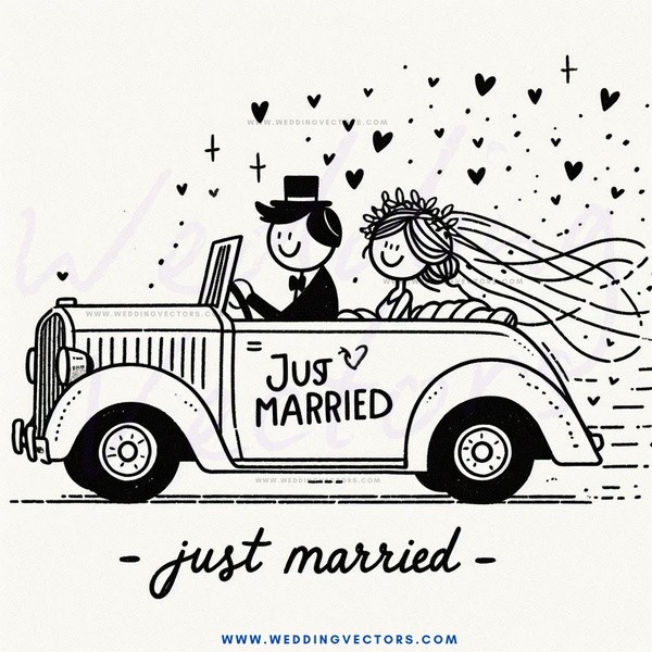 just married couple driving in a car.