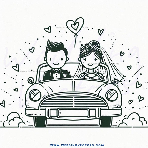 a bride and groom in a car with love hearts and clouds.