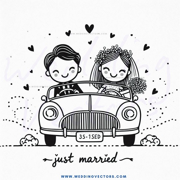 just married couple driving in old car