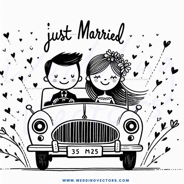 a car with bride and groom as its occupants.