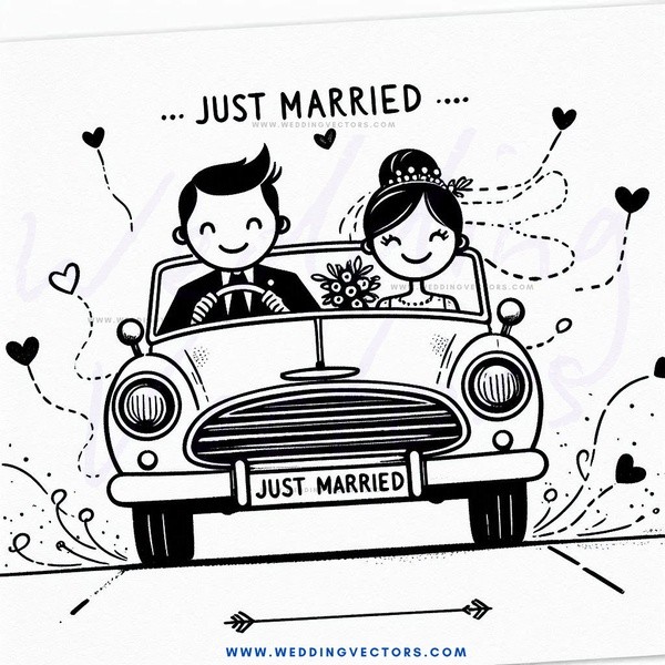 a carriage with just married sign on it.