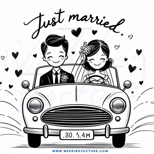 just married couple in car
