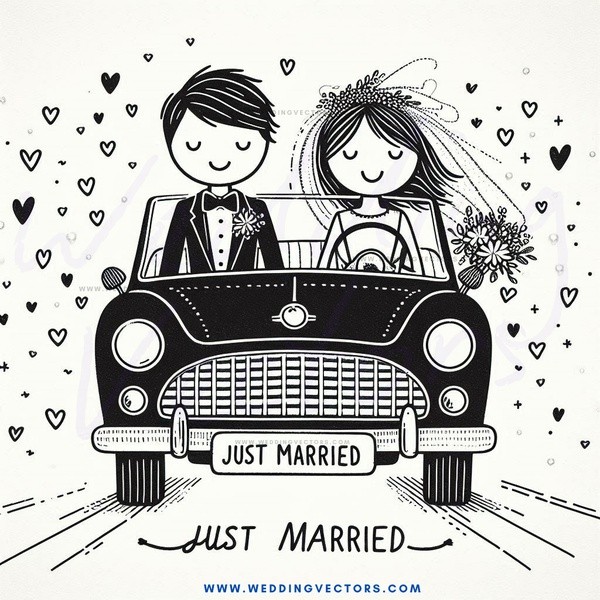 just married bride & groom caricature (car) gif image