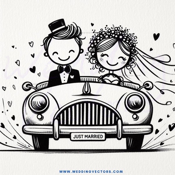 a black and white caricature of a bride and groom in a car