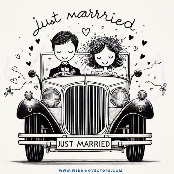 just married car drawing in black and white