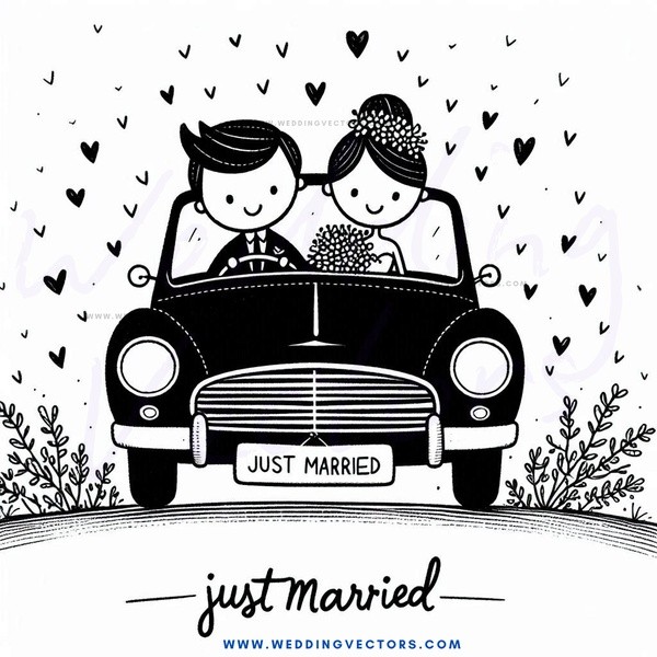 a black and white illustration of a couple in a car celebrating their marriage.