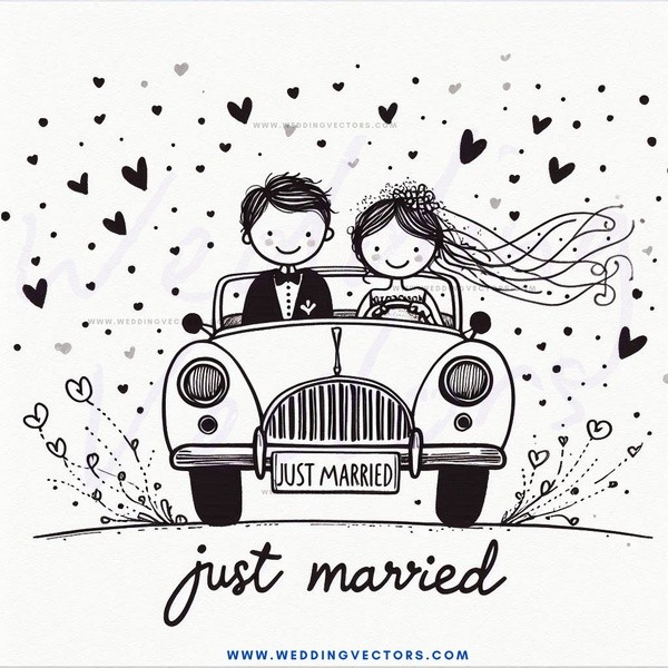 a just married cartoon drawing in black and white.