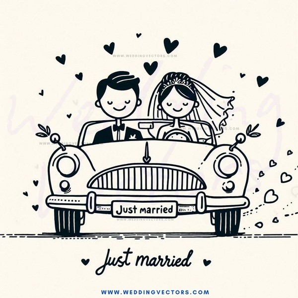 just married caricature drawing in black and white