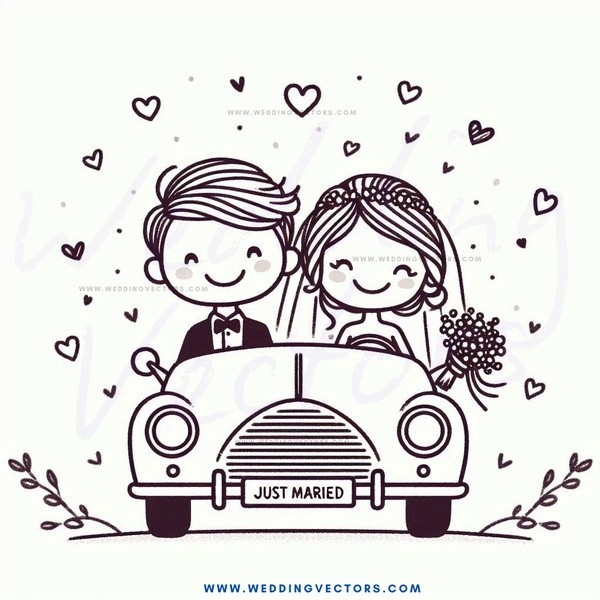 a couple in a car with the words "just married" on it.