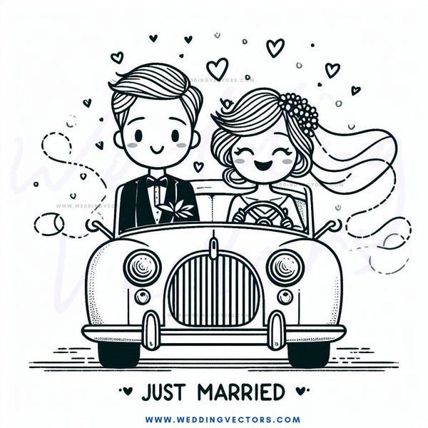 just married couple on a car.