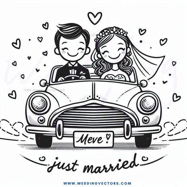 a couple on their wedding day in a convertible car.
