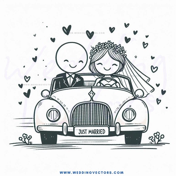 a bride and groom in their wedding car.