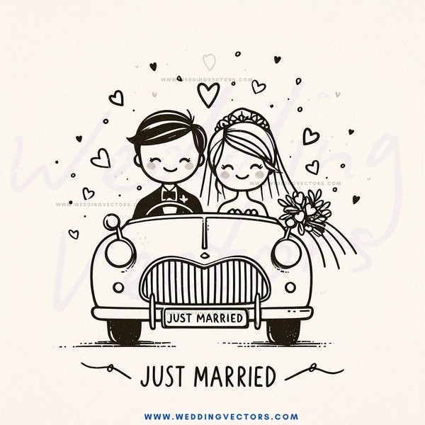 just married couple in vintage car.