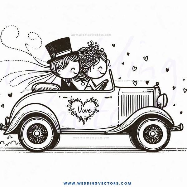 a man and woman ride in a car with hearts.