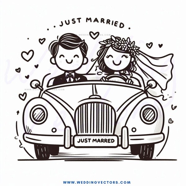 just married couple on a vintage car.